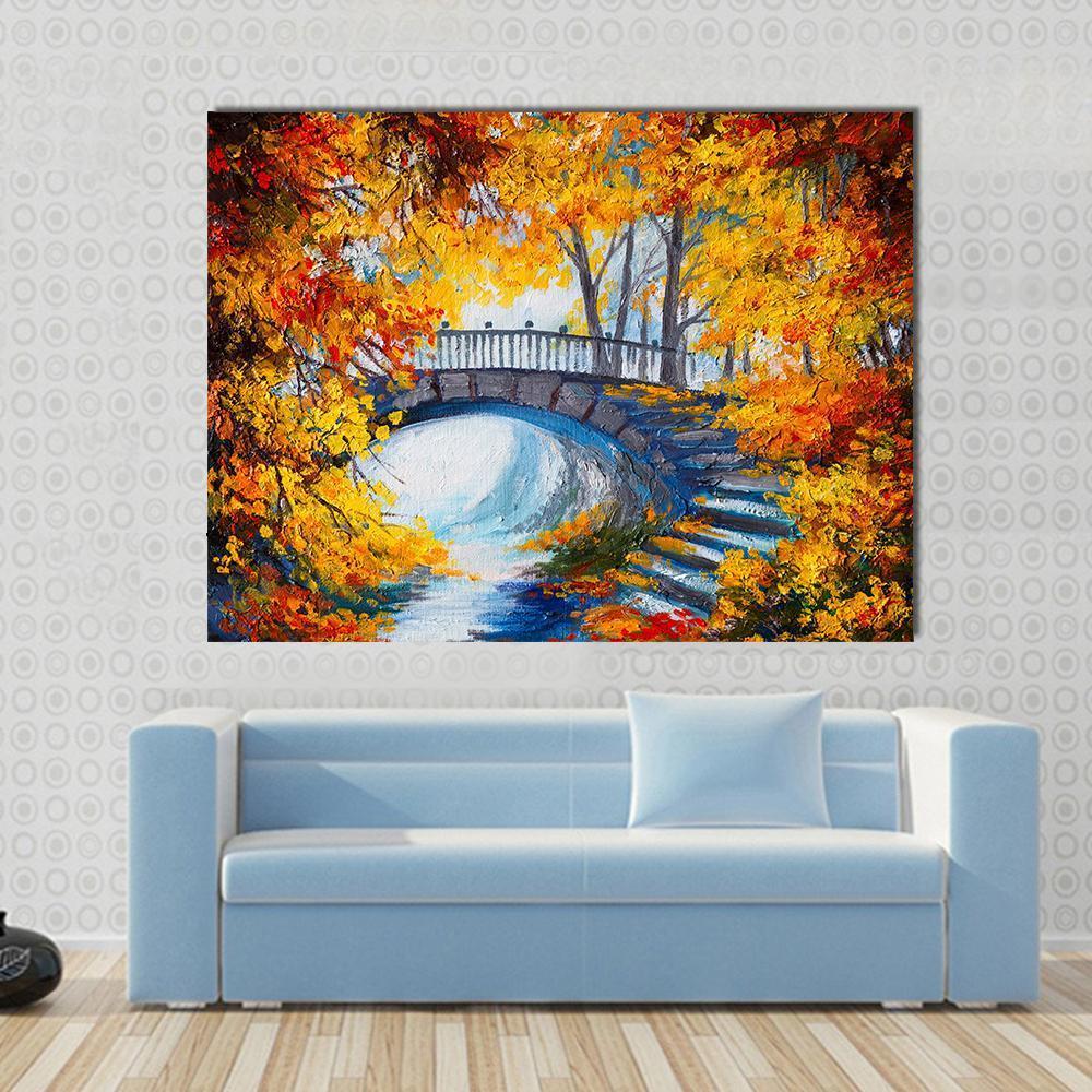 Autumn Forest With Bridge Canvas Wall Art-1 Piece-Gallery Wrap-48" x 32"-Tiaracle