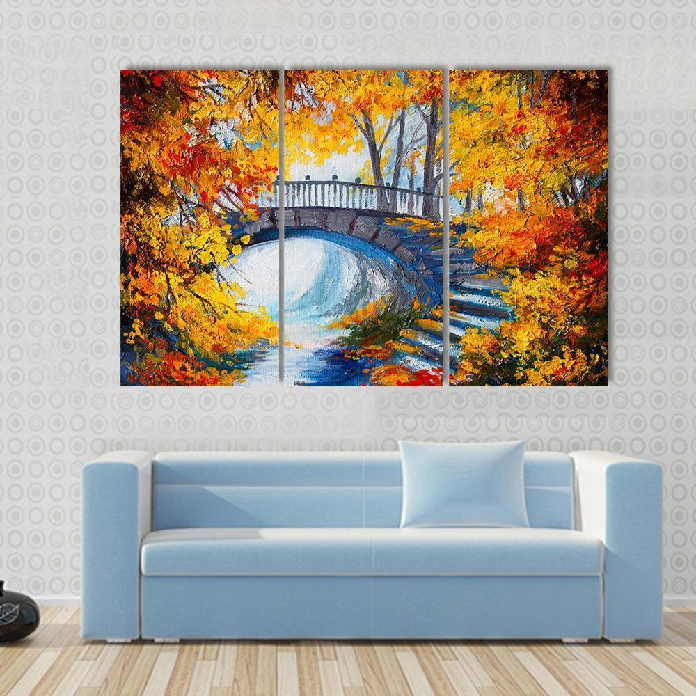 Autumn Forest With Bridge Canvas Wall Art-3 Horizontal-Gallery Wrap-37" x 24"-Tiaracle