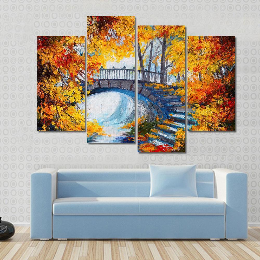 Autumn Forest With Bridge Canvas Wall Art-4 Pop-Gallery Wrap-50" x 32"-Tiaracle