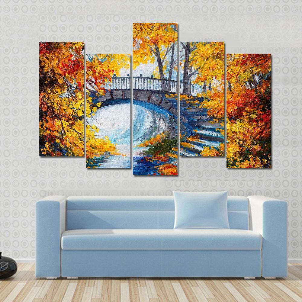 Autumn Forest With Bridge Canvas Wall Art-5 Pop-Gallery Wrap-47" x 32"-Tiaracle