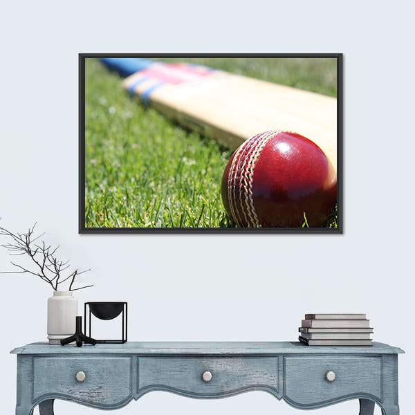 Ball & Bat On Grass Canvas Wall Art-1 Piece-Floating Frame-24" x 16"-Tiaracle