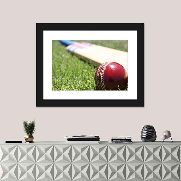 Ball & Bat On Grass Canvas Wall Art-1 Piece-Framed Print-20" x 16"-Tiaracle