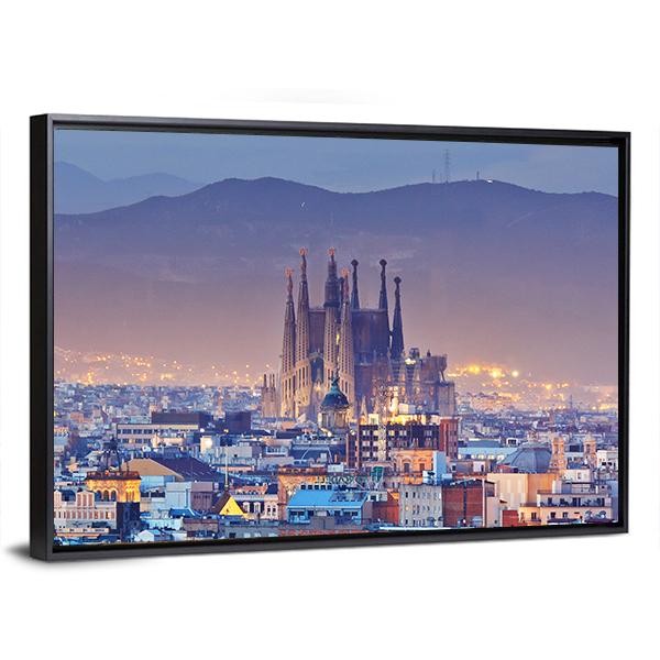 Barcelona At Night Canvas Wall Art-3 Horizontal-Gallery Wrap-25" x 16"-Tiaracle