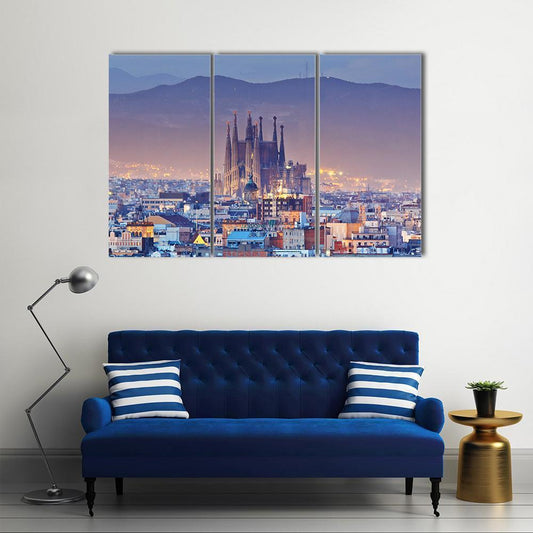 Barcelona At Night Canvas Wall Art-3 Horizontal-Gallery Wrap-37" x 24"-Tiaracle