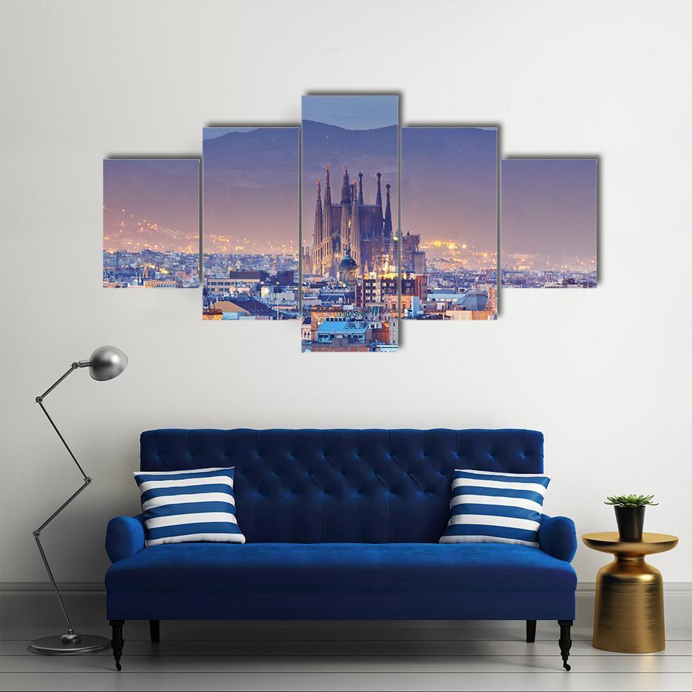 Barcelona At Night Canvas Wall Art-5 Star-Gallery Wrap-62" x 32"-Tiaracle