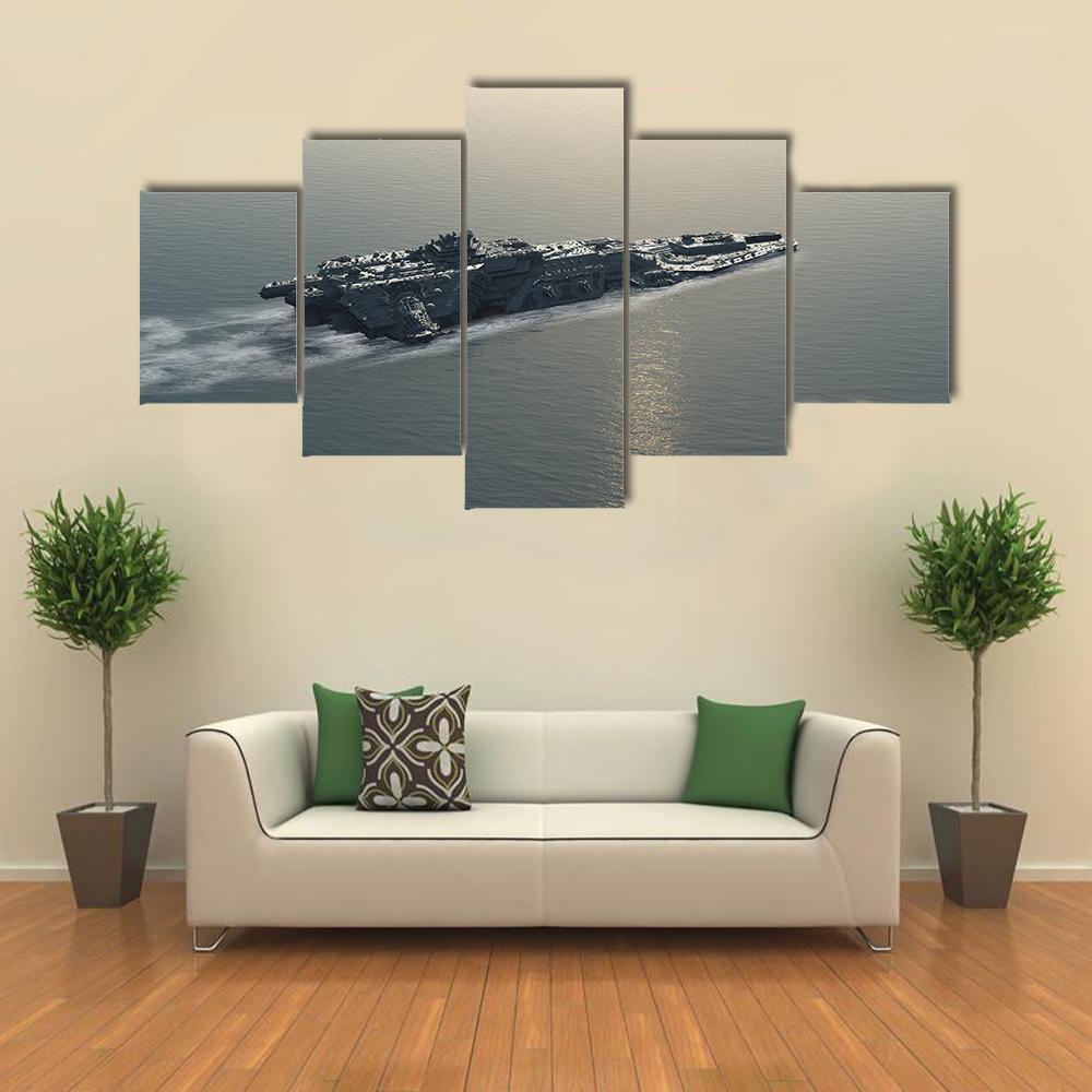 Battleship At Sea Canvas Wall Art-5 Star-Gallery Wrap-62" x 32"-Tiaracle