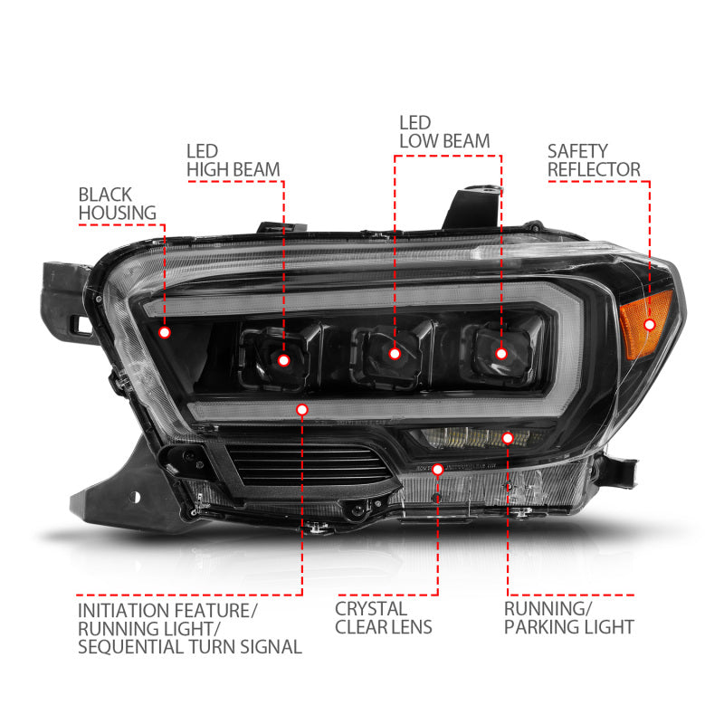 ANZO 16+ Toyota Tacoma LED Projector Headlights w/ Light Bar Sequential Black Housing w/Initiation (anz111563)