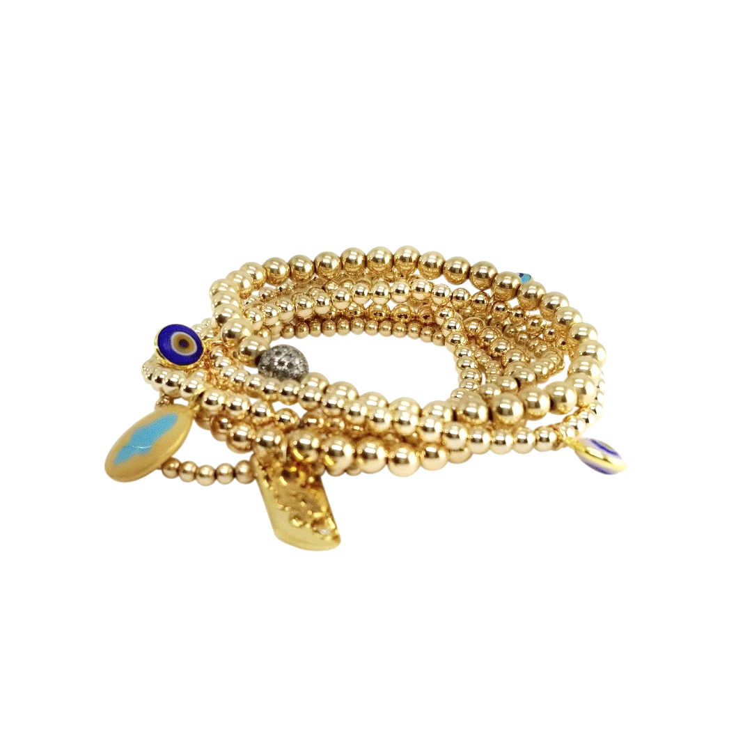 Blauer Hamsa-Hand-Anhänger auf Perlenarmband in Gold