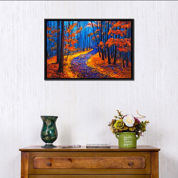 Beautiful Autumn Forest Pathway Canvas Wall Art-1 Piece-Floating Frame-24" x 16"-Tiaracle