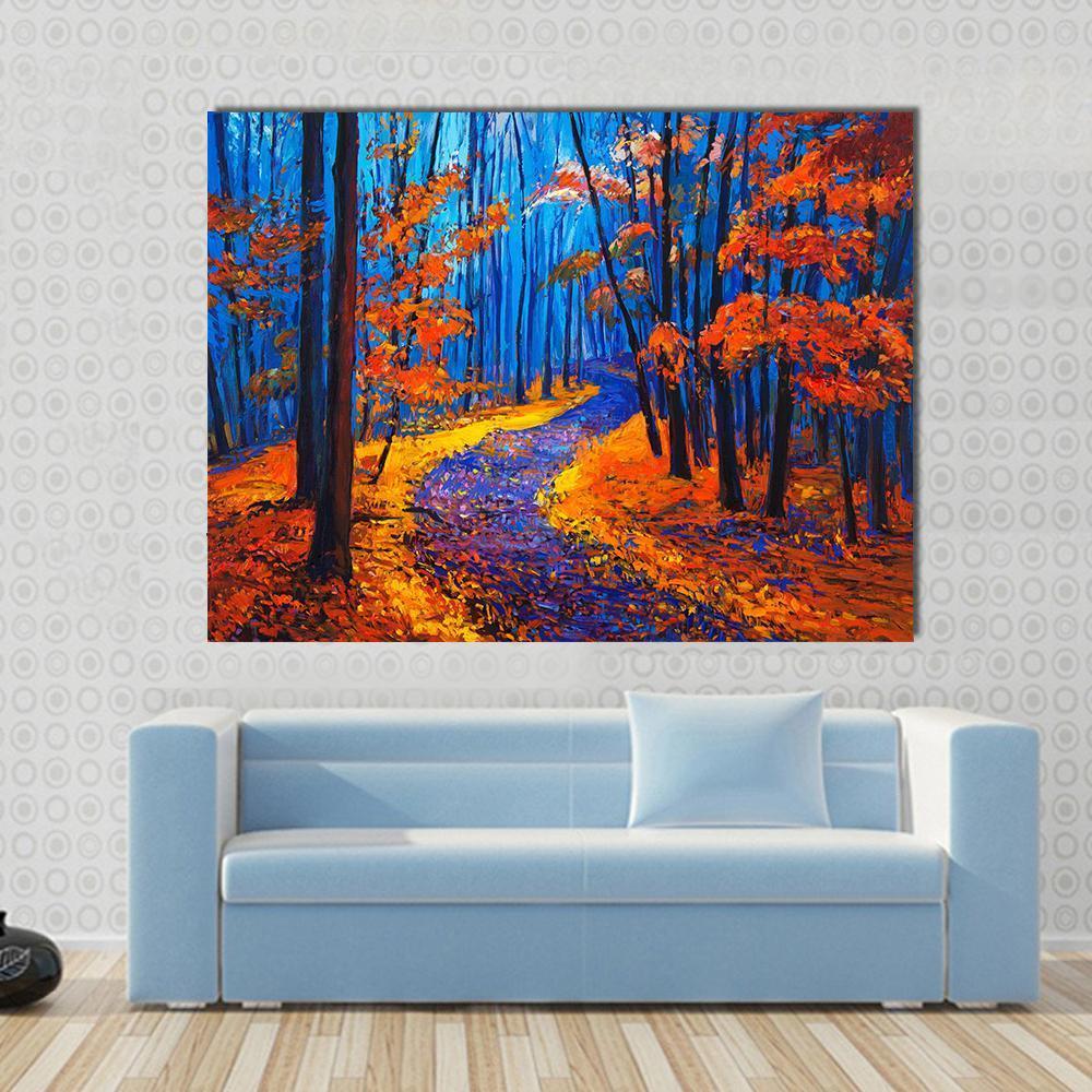 Beautiful Autumn Forest Pathway Canvas Wall Art-1 Piece-Gallery Wrap-48" x 32"-Tiaracle