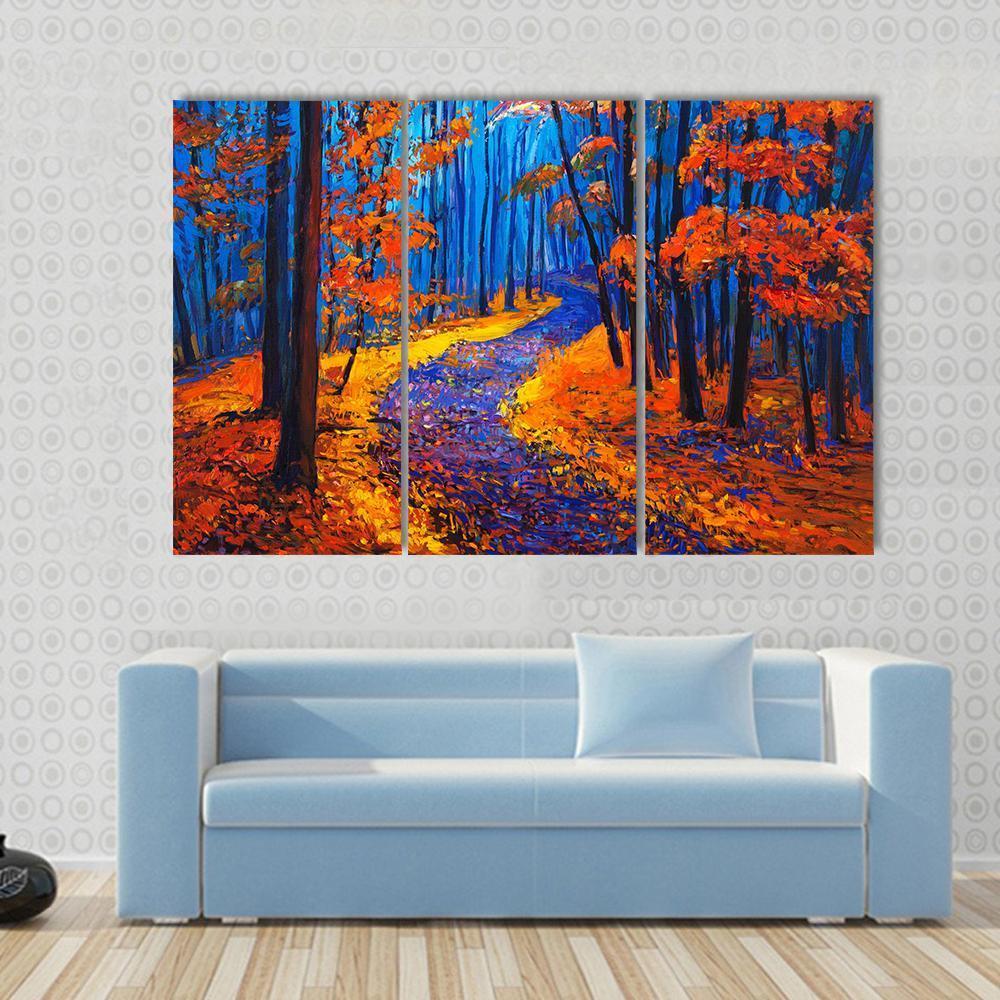 Beautiful Autumn Forest Pathway Canvas Wall Art-3 Horizontal-Gallery Wrap-37" x 24"-Tiaracle