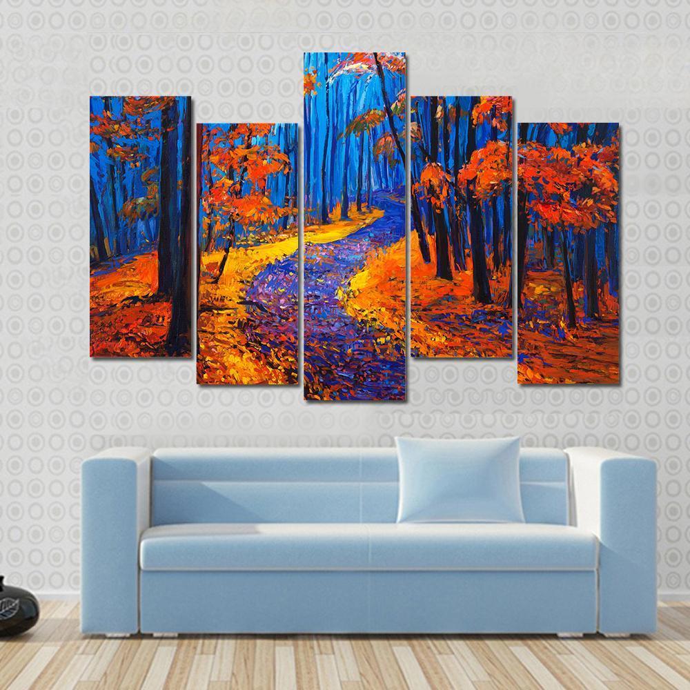 Beautiful Autumn Forest Pathway Canvas Wall Art-5 Pop-Gallery Wrap-47" x 32"-Tiaracle