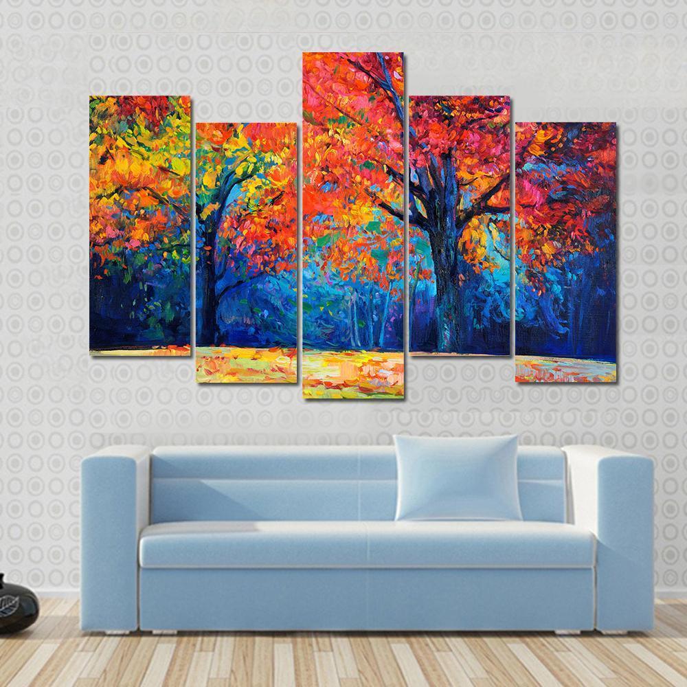 Beautiful Autumn Forest Trees Canvas Wall Art-5 Pop-Gallery Wrap-47" x 32"-Tiaracle