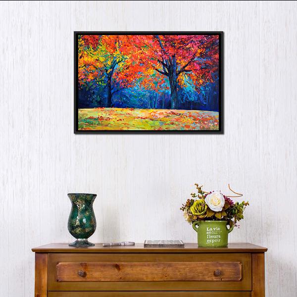 Beautiful Autumn Forest Trees Canvas Wall Art-1 Piece-Floating Frame-24" x 16"-Tiaracle