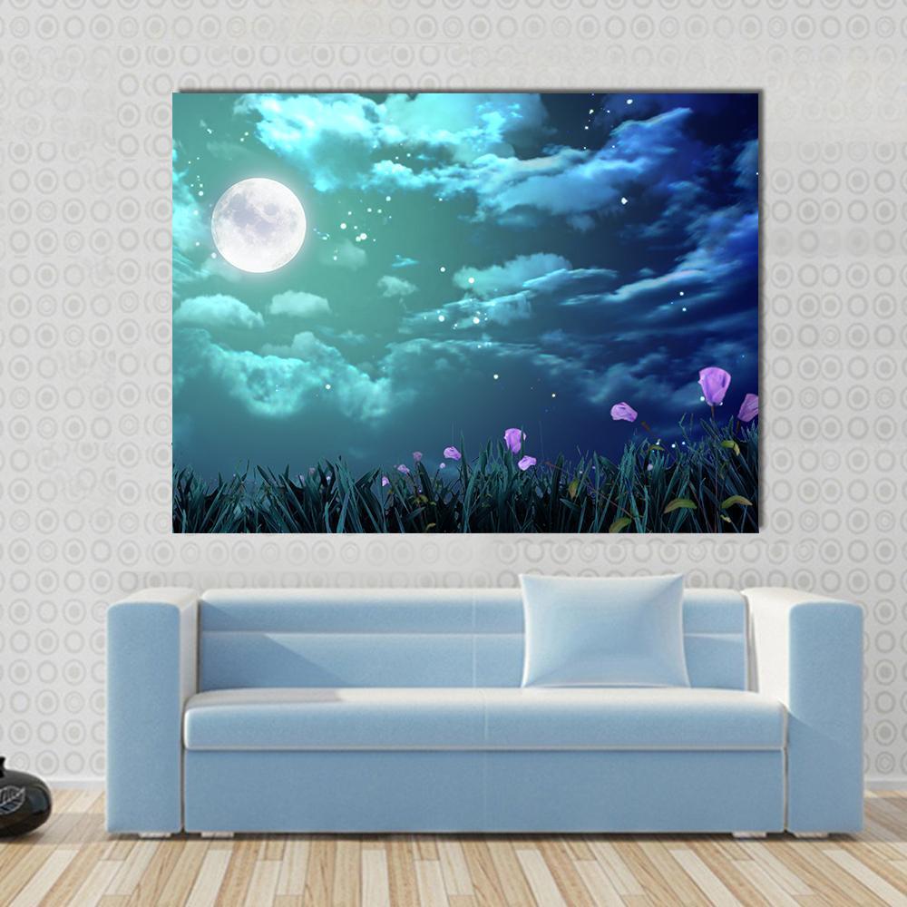 Beautiful Moon At Night Canvas Wall Art-1 Piece-Gallery Wrap-48" x 32"-Tiaracle