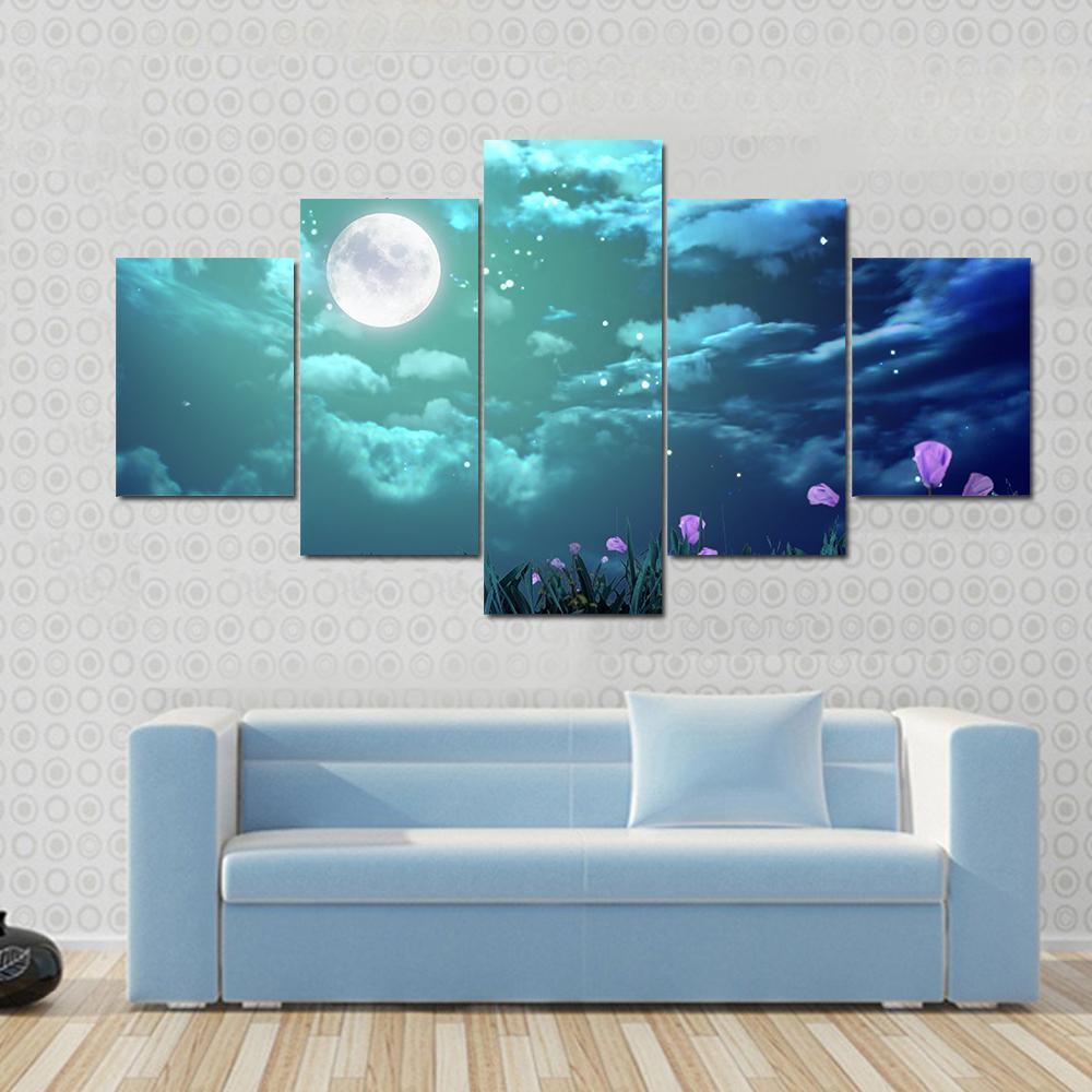 Beautiful Moon At Night Canvas Wall Art-5 Star-Gallery Wrap-62" x 32"-Tiaracle