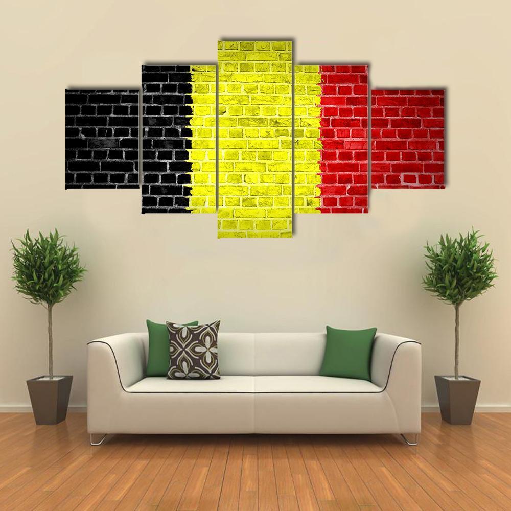 Belgium Flag On Brick Wall Canvas Wall Art-5 Star-Gallery Wrap-62" x 32"-Tiaracle