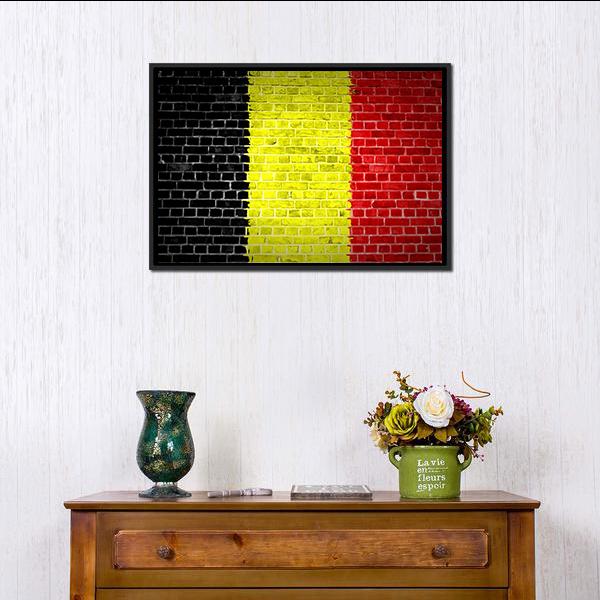 Belgium Flag On Brick Wall Canvas Wall Art-1 Piece-Floating Frame-24" x 16"-Tiaracle