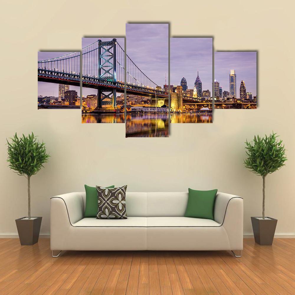 Ben Franklin Bridge Canvas Wall Art-5 Star-Gallery Wrap-62" x 32"-Tiaracle
