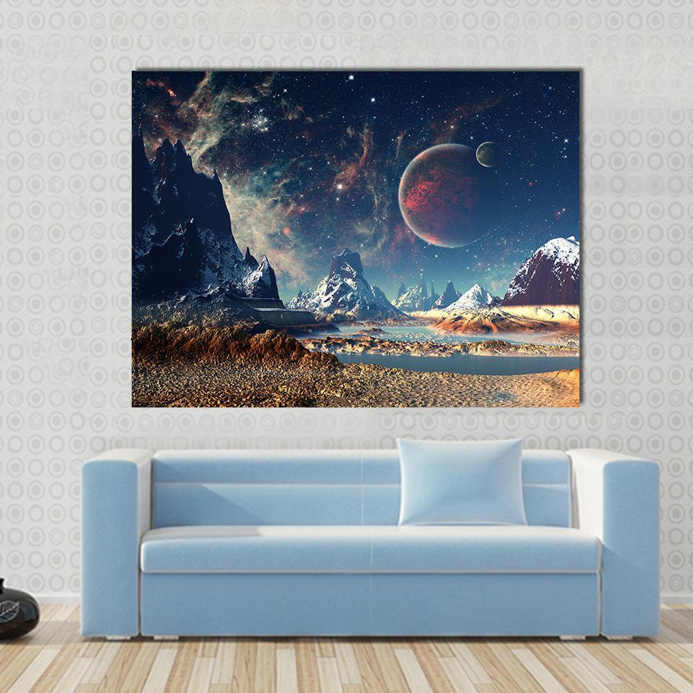 Big Planet With Mountains Canvas Wall Art-1 Piece-Gallery Wrap-48" x 32"-Tiaracle