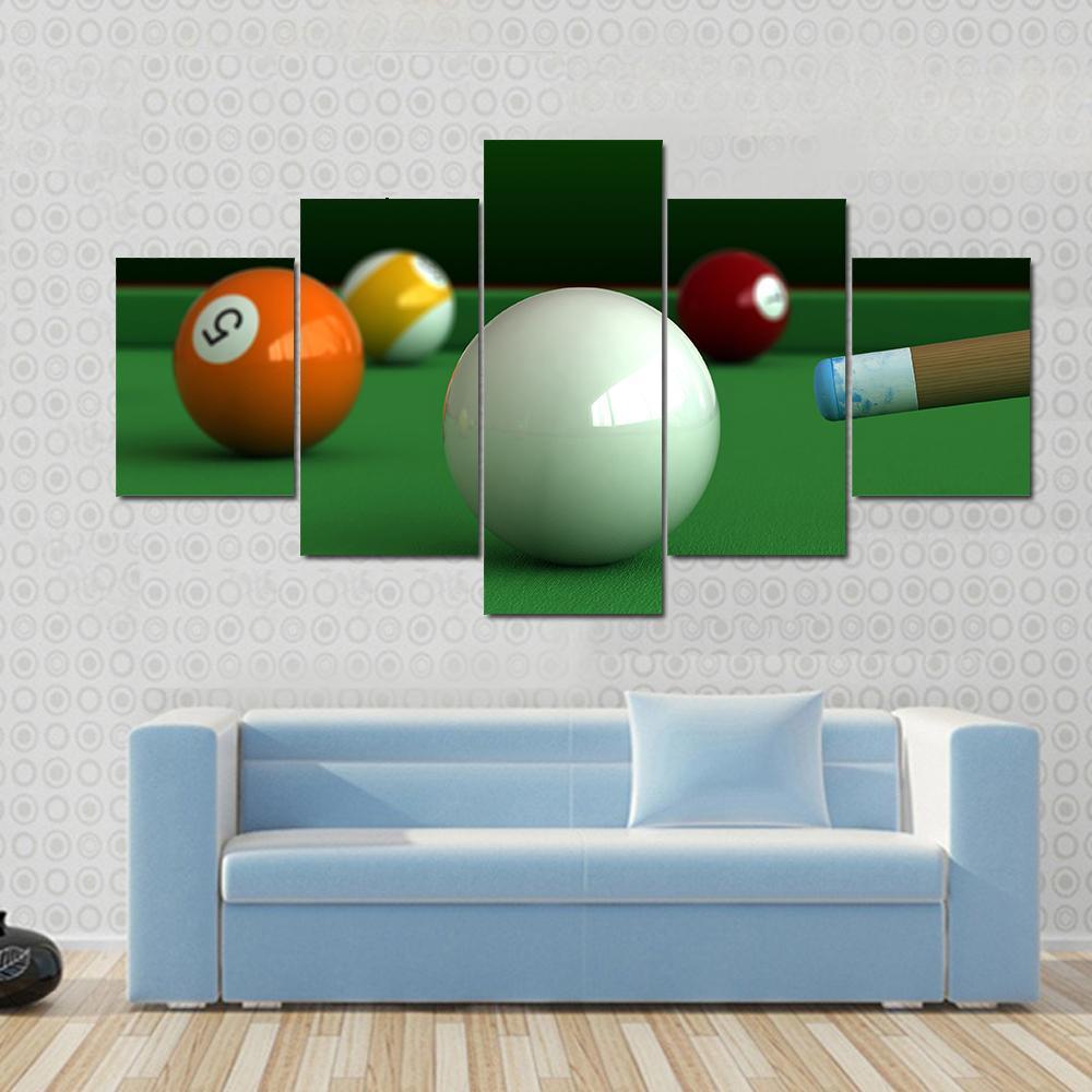 Billiard Balls And Table Canvas Wall Art-5 Star-Gallery Wrap-62" x 32"-Tiaracle