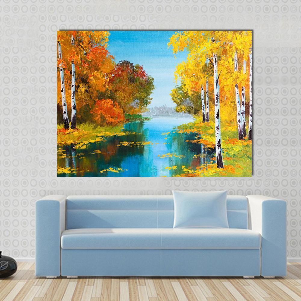 Birch Forest With River Canvas Wall Art-1 Piece-Gallery Wrap-48" x 32"-Tiaracle