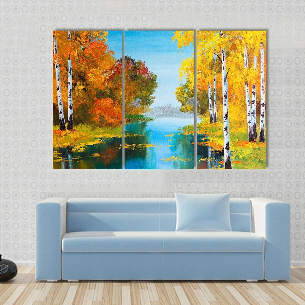 Birch Forest With River Canvas Wall Art-3 Horizontal-Gallery Wrap-37" x 24"-Tiaracle