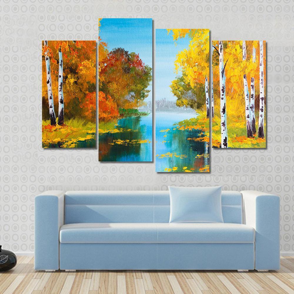 Birch Forest With River Canvas Wall Art-4 Pop-Gallery Wrap-50" x 32"-Tiaracle