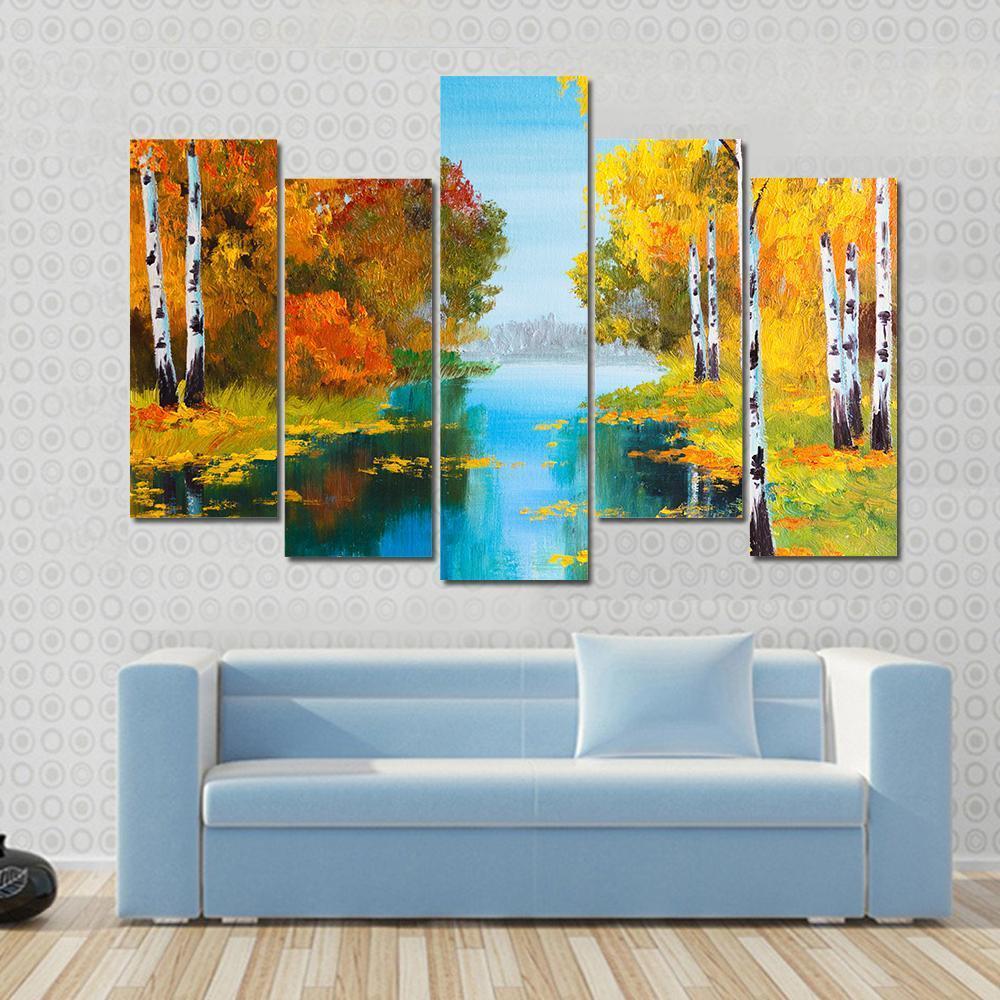 Birch Forest With River Canvas Wall Art-5 Pop-Gallery Wrap-47" x 32"-Tiaracle