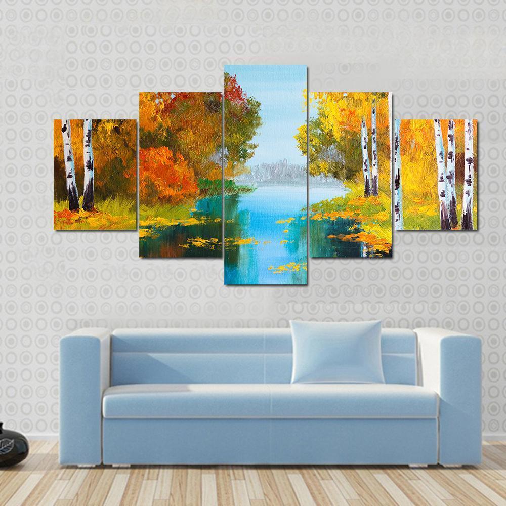 Birch Forest With River Canvas Wall Art-5 Star-Gallery Wrap-62" x 32"-Tiaracle