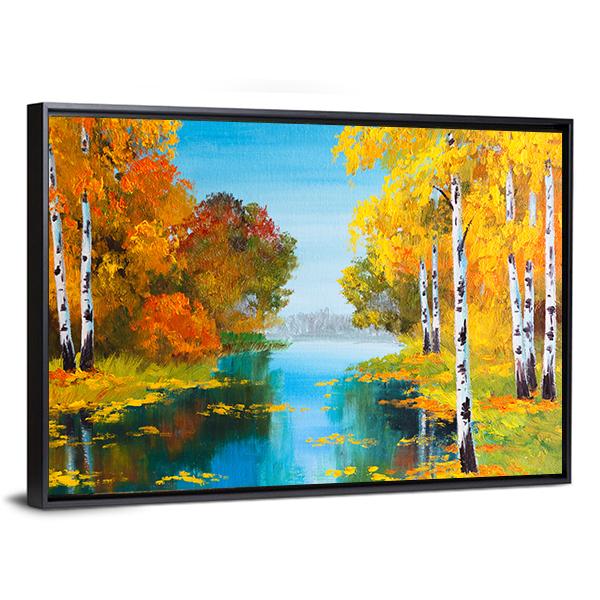 Birch Forest With River Canvas Wall Art-3 Horizontal-Gallery Wrap-25" x 16"-Tiaracle