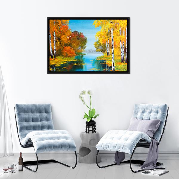 Birch Forest With River Canvas Wall Art-3 Horizontal-Gallery Wrap-25" x 16"-Tiaracle