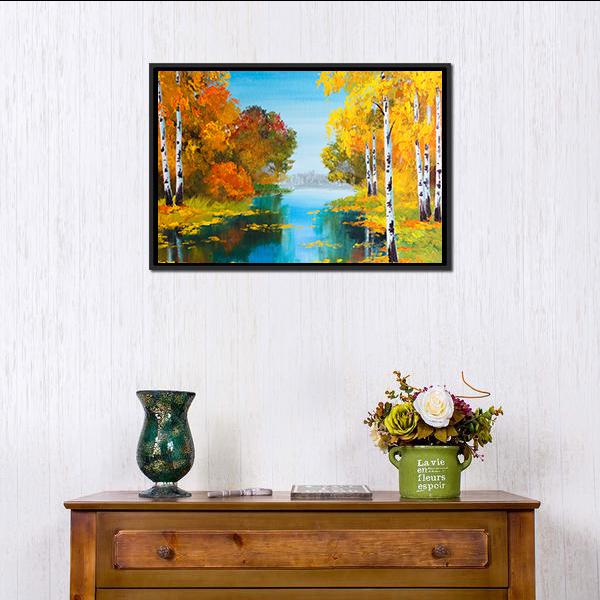 Birch Forest With River Canvas Wall Art-1 Piece-Floating Frame-24" x 16"-Tiaracle