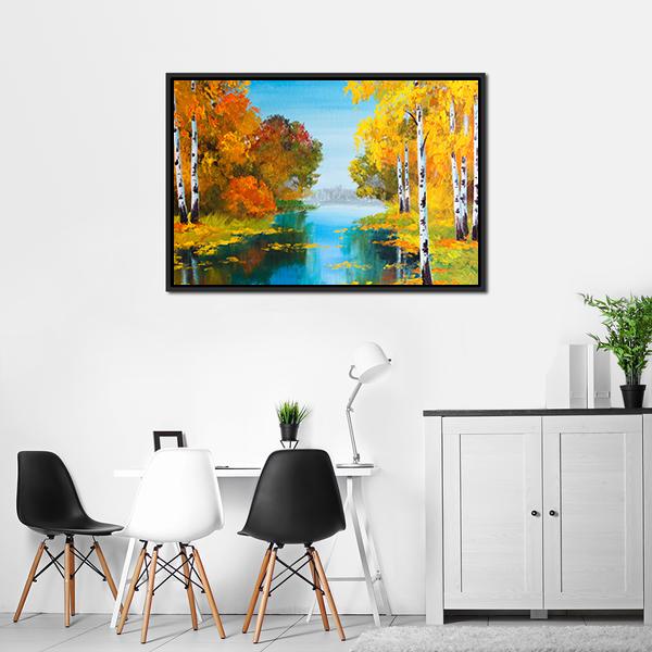 Birch Forest With River Canvas Wall Art-3 Horizontal-Gallery Wrap-25" x 16"-Tiaracle