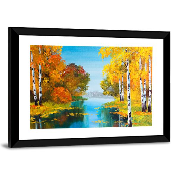 Birch Forest With River Canvas Wall Art-3 Horizontal-Gallery Wrap-25" x 16"-Tiaracle