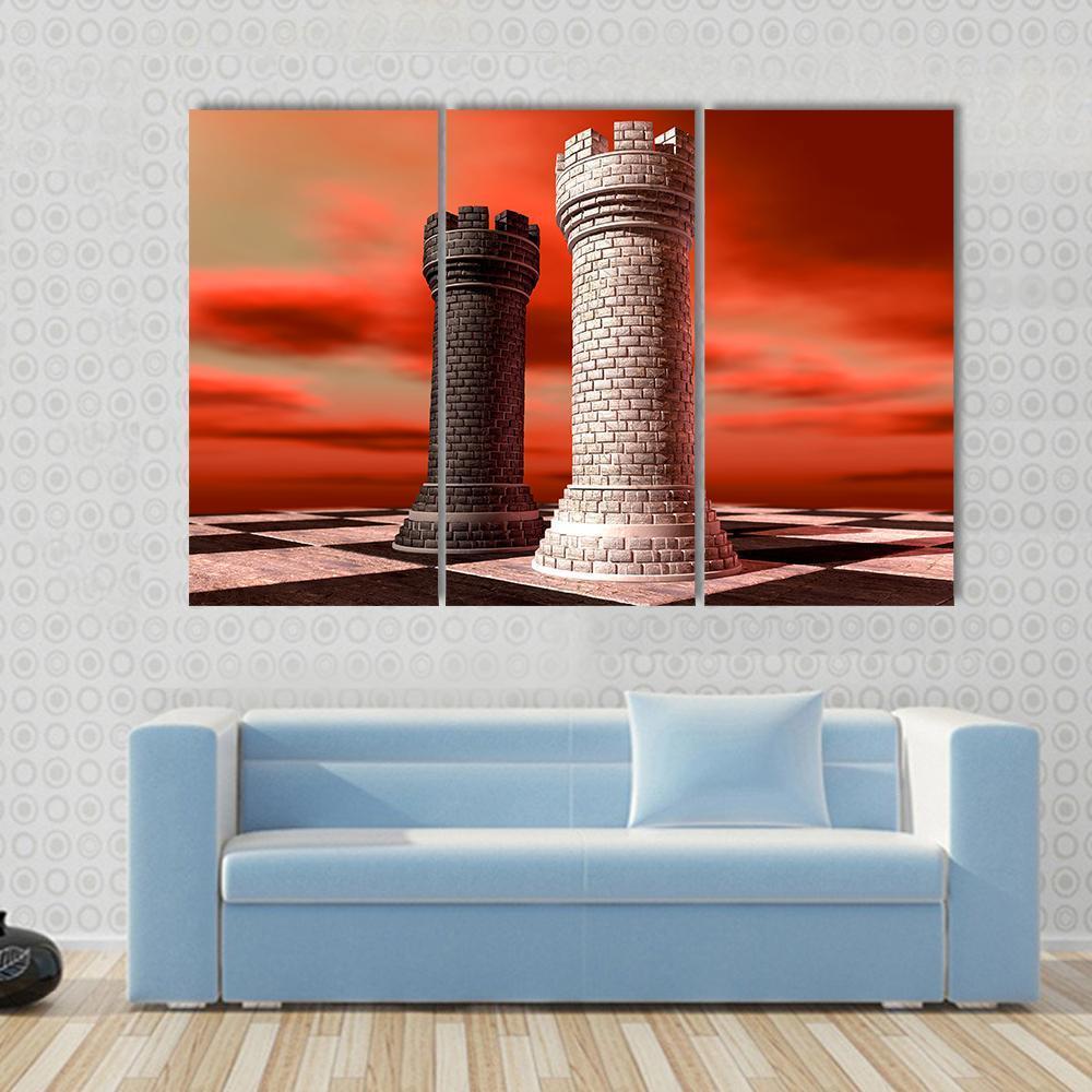 Black & White Castle Chess Piece Canvas Wall Art-3 Horizontal-Gallery Wrap-37" x 24"-Tiaracle