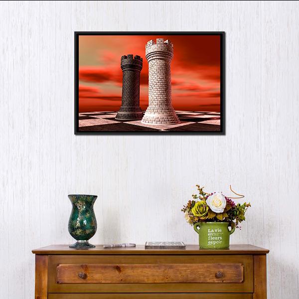 Black & White Castle Chess Piece Canvas Wall Art-1 Piece-Floating Frame-24" x 16"-Tiaracle