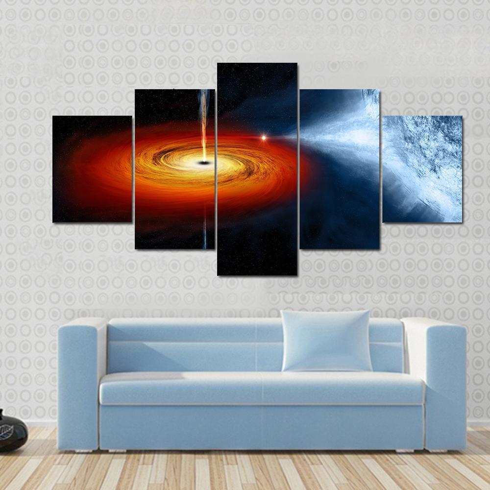 Black Hole Sucking Big White Dwarf Canvas Wall Art-5 Star-Gallery Wrap-62" x 32"-Tiaracle