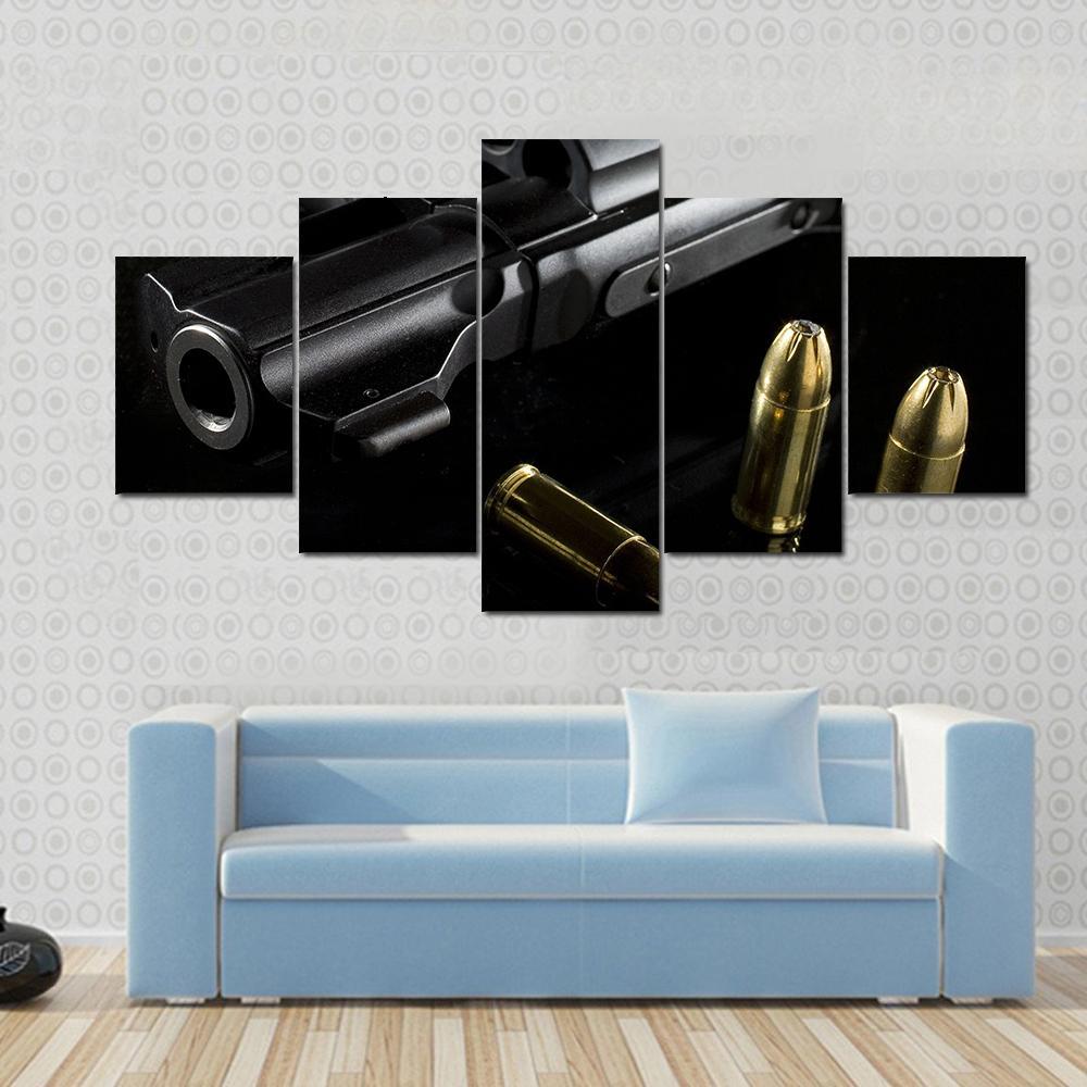 Black Revolver With Ammo Canvas Wall Art-5 Star-Gallery Wrap-62" x 32"-Tiaracle