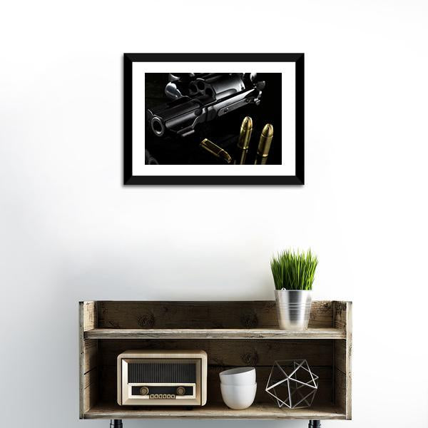 Black Revolver With Ammo Canvas Wall Art-1 Piece-Framed Print-20" x 16"-Tiaracle