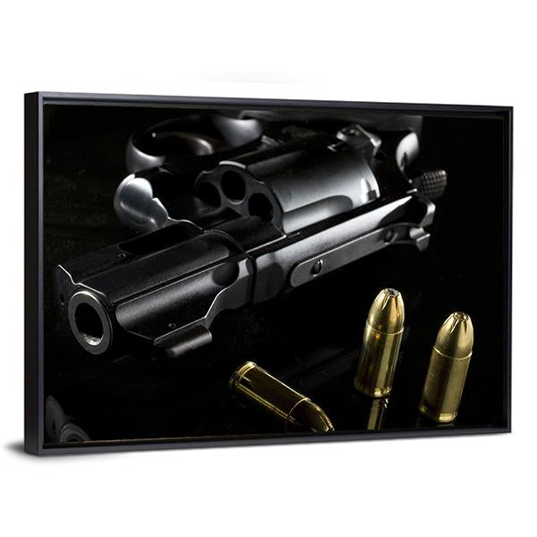 Black Revolver With Ammo Canvas Wall Art-3 Horizontal-Gallery Wrap-25" x 16"-Tiaracle