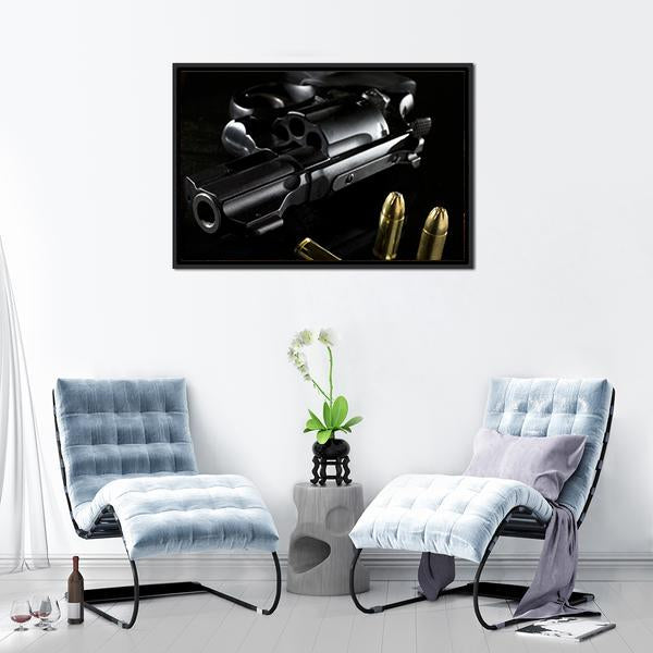 Black Revolver With Ammo Canvas Wall Art-3 Horizontal-Gallery Wrap-25" x 16"-Tiaracle