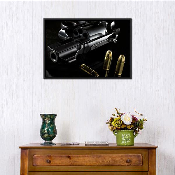 Black Revolver With Ammo Canvas Wall Art-1 Piece-Floating Frame-24" x 16"-Tiaracle