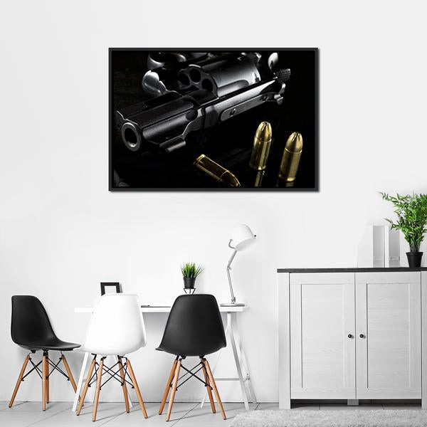 Black Revolver With Ammo Canvas Wall Art-3 Horizontal-Gallery Wrap-25" x 16"-Tiaracle