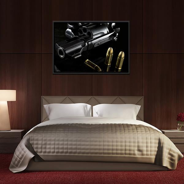 Black Revolver With Ammo Canvas Wall Art-3 Horizontal-Gallery Wrap-25" x 16"-Tiaracle