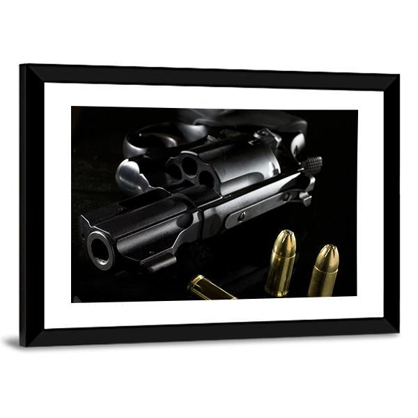 Black Revolver With Ammo Canvas Wall Art-3 Horizontal-Gallery Wrap-25" x 16"-Tiaracle