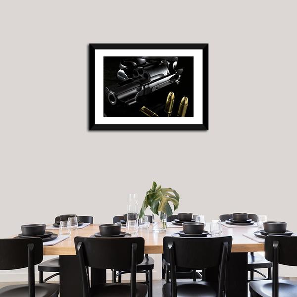 Black Revolver With Ammo Canvas Wall Art-3 Horizontal-Gallery Wrap-25" x 16"-Tiaracle