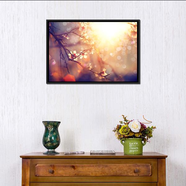 Blooming Tree With Sunlight Canvas Wall Art-1 Piece-Floating Frame-24" x 16"-Tiaracle