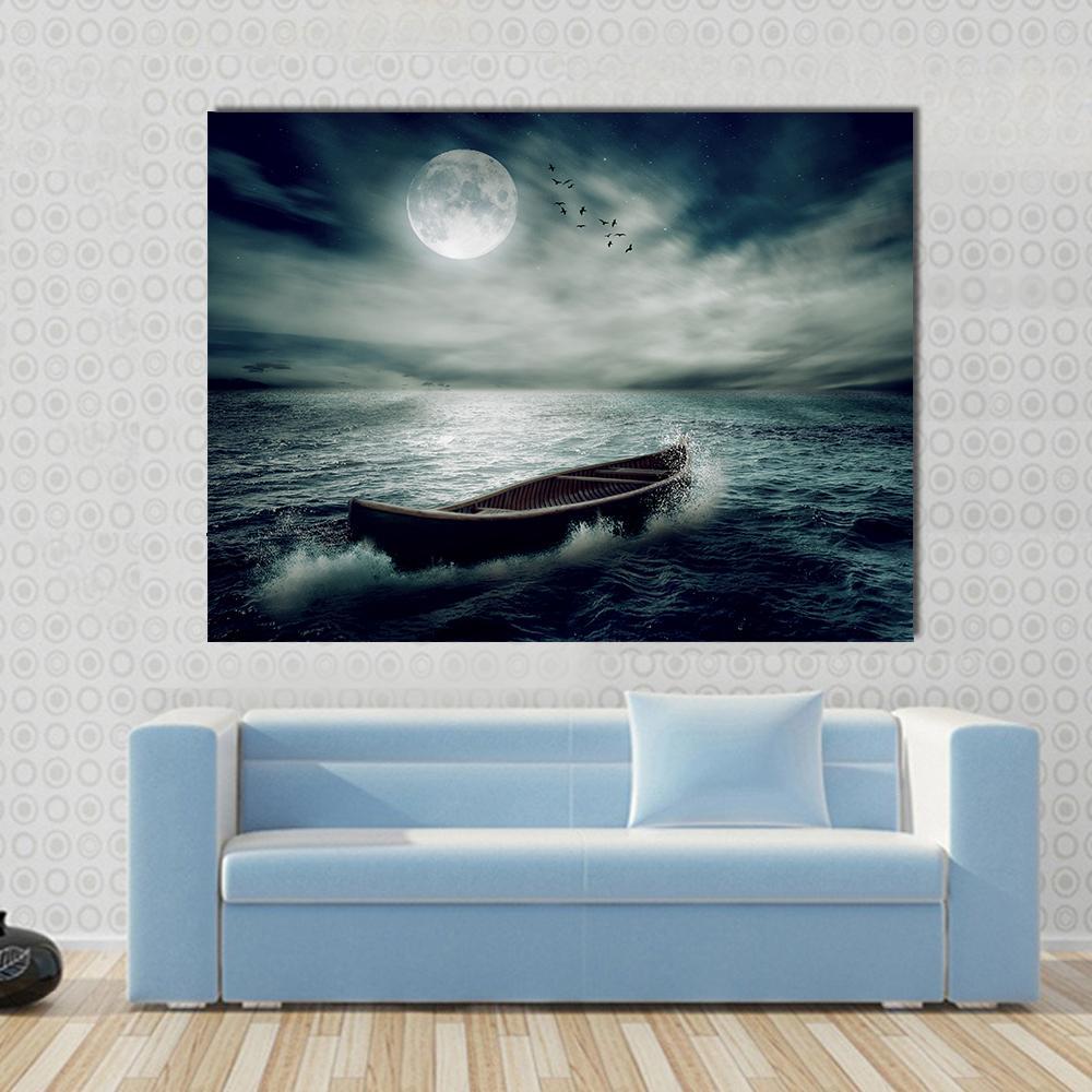 Boat Drifting In Stormy Ocean Canvas Wall Art-1 Piece-Gallery Wrap-48" x 32"-Tiaracle