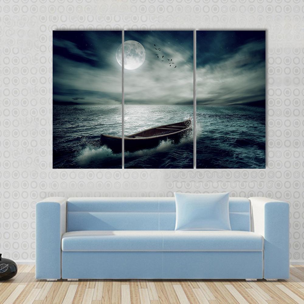 Boat Drifting In Stormy Ocean Canvas Wall Art-3 Horizontal-Gallery Wrap-37" x 24"-Tiaracle